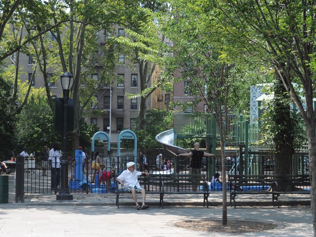 The Imagination Playground set is part of a larger playground with multiple play areas at J. Hood Wright playground.