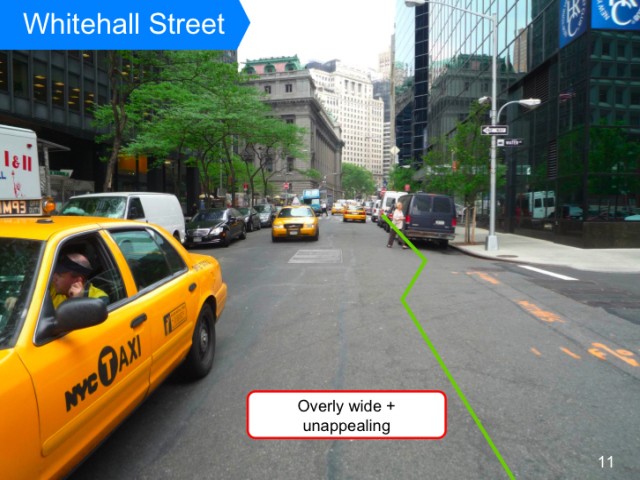 The city plans to expand a concrete median to narrow the intersection of Water and Whitehall Streets.