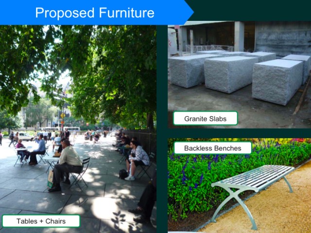 Examples of the seating the city plans to install in the new plaza.