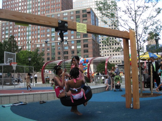 Children enjoyed the re-installed tire swing Thursday afternoon.