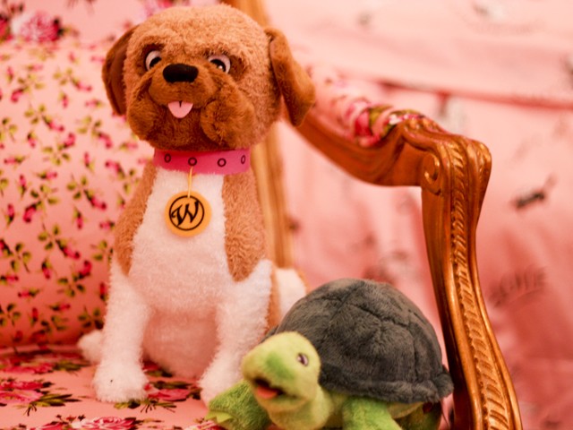 Plush versions of Eloise's pet pug, Weenie, and turtle, Skipperdee, 