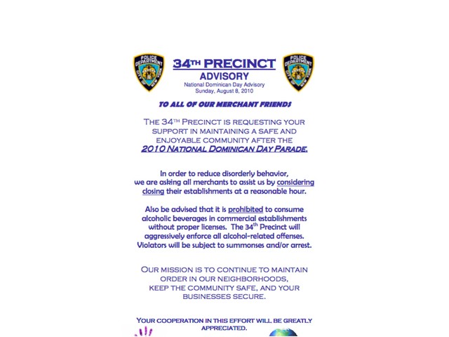 Sign in English warning merchants to close their stores at a normal hour after the Dominican Day Parade on Sunday.