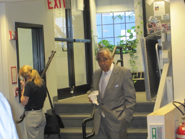 Charlie Rangel enters Manhattan Neighborhood Network studios for tonight's candidate forum.