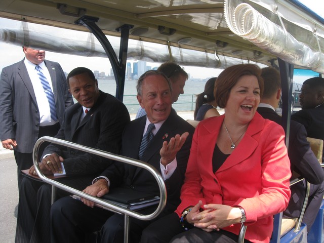 Mayor Michael Bloomberg and Council Speaker Christine Quinn make their way back to the ferry after their appearance.