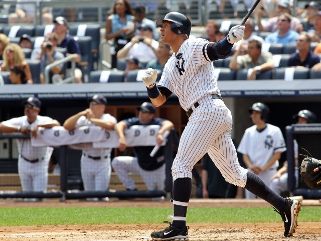 Alex Rodriguez of the New York Yankees hits the 600th home run of his career in the first inning against the Toronto Blue Jays on August 4, 2010 at Yankee Stadium.
