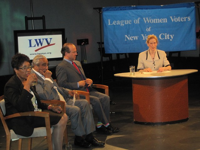Candidates Joyce Johnson, Charlie Rangel, Jonathan Tasini and moderator Jane Colvin at Manhattan Neighborhood Network studios.