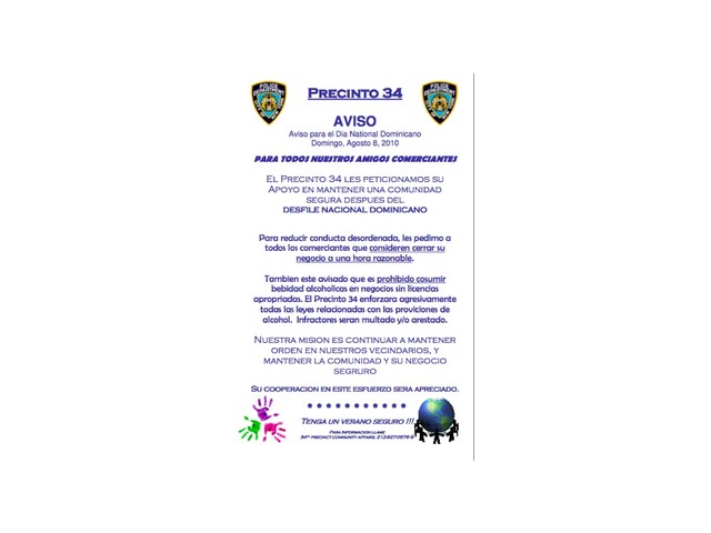 Sign in Spanish warning merchants to close their stores at a normal hour after the Dominican Day Parade on Sunday.