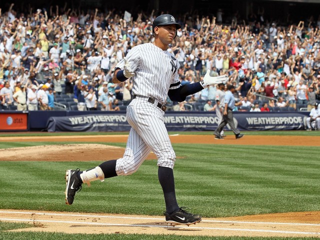 Alex Rodriguez runs the bases after hitting his 600th career home run in the first inning against Shaun Marcum #28 of the Toronto Blue Jays on August 4, 2010 at Yankee Stadium.