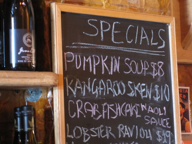 Kangaroo Skewers, for $10, are two marsupial-based dishes on the menu at Eight Mile Creek.