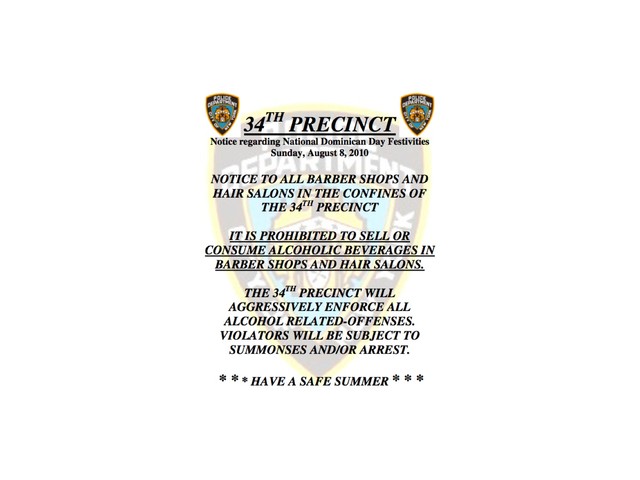 Sign warning local barbershops and hair salons that selling or consuming alcohol in their shops is illegal.