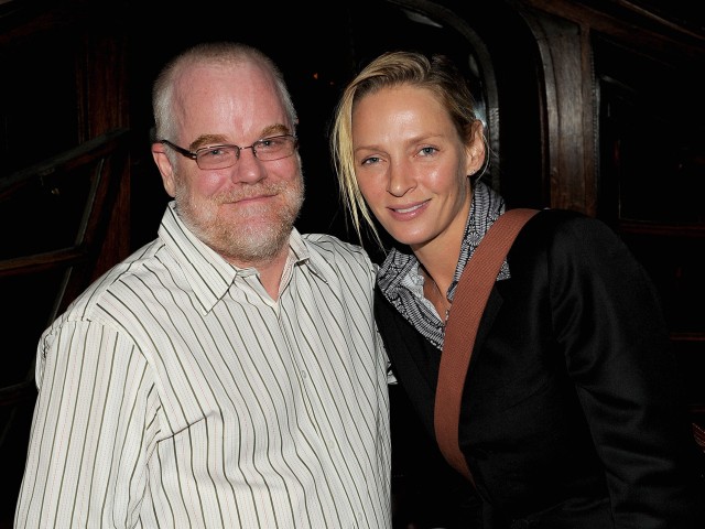 Actress Uma Thurman posed with Philip Seymour Hoffman at the premiere of his film 
