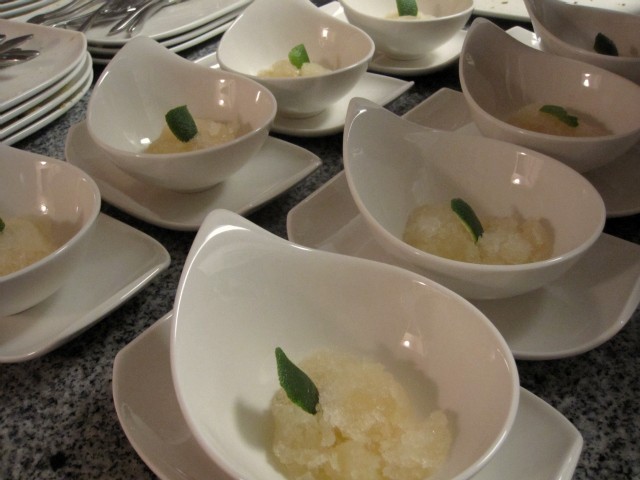 Dessert was grapefruit sorbet drizzled in Muscat, topped with a lime garnish.