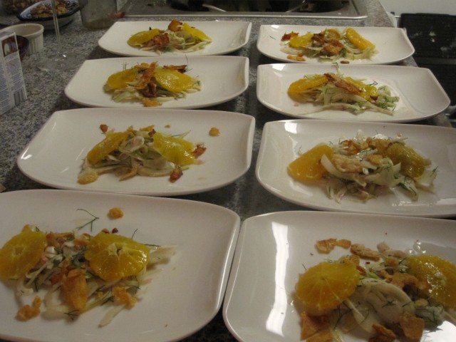 Fennel salad with Valencia oranges, fried Parmesan chips and a champagne vinaigrette.