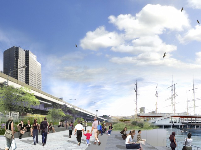A rendering of the soon-to-open section of the esplanade, looking north toward Pier 15.