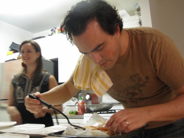 Felipe Donnelly prepared the main course, with the help of his wife Tamy Rofe. The pair creates a three-course meal for eight every week in their TriBeCa apartment.