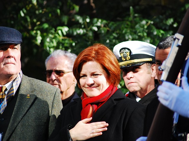 City Council Speaker Christine Quinn with the hand on her heart during the opening ceremony for the 91st annual New York City Veteran's Day Parade Thursday.