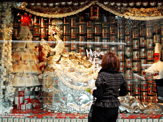 A down made of Illy Coffee packaging in the food-themed seasonal windows o Barney's.