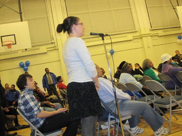 Gwinevere von Ludwig, a member of the 144th Street Block Association, asked about the open-air drug dealing on her street.