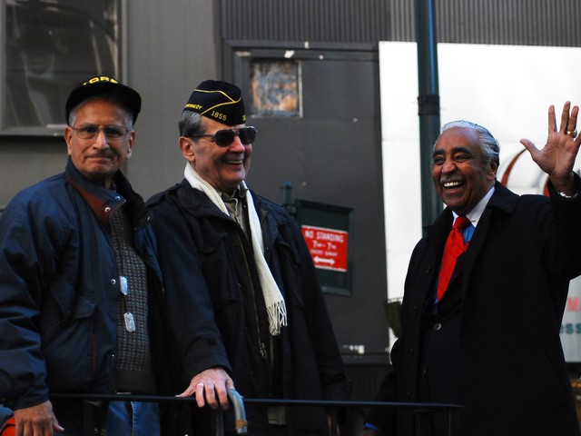 Korean War veteran Charles Rangel on a float during the 91st annual New York City Veteran's Day Parade Thursday.