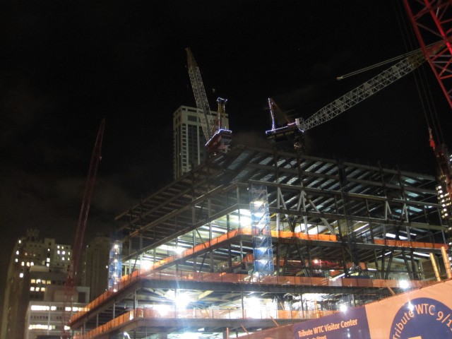 Tower 4, on the south side of the World Trade Center site, is also getting in the holiday spirit with strings of Christmas lights on the base of the tower cranes.
