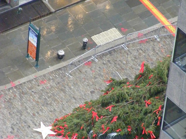 The South Street Seaport Christmas Tree fell in heavy winds on Wednesday.