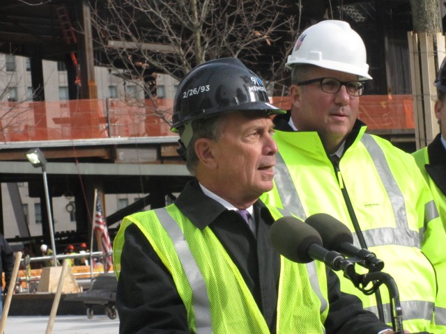 Mayor Michael Bloomberg spoke at the tree's replanting Wednesday, with Port Authority Executive Director Chris Ward beside him.