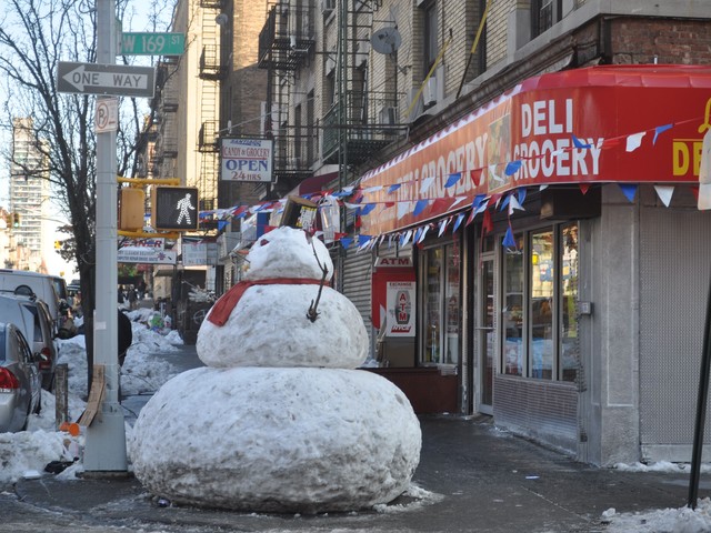 Side view of snowman from corner of 169th Street.