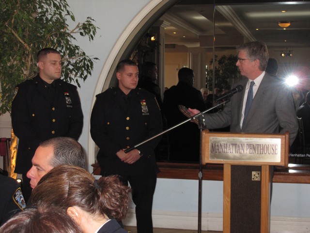 9th Precinct honorees Edward Thompson and John Sivori, with Manhattan District Attorney Cyrus Vance Jr., arrested a suspect carrying eight daggers on his person.