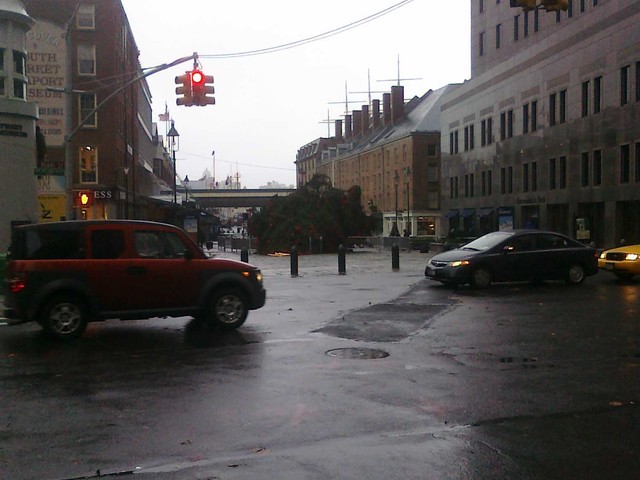 Heavy winds caused the Christmas tree at the South Street Seaport to snap and fall over.