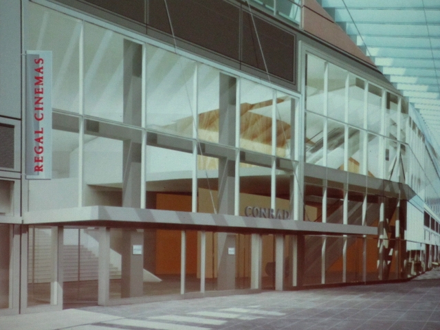 The eastern entrance to the new Conrad hotel and the movie theater, as designed.