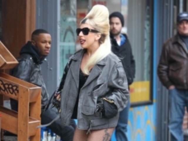 Lady Gaga sports a sky-high beehive, but no pants, during a film shoot on Rivington Street Monday.