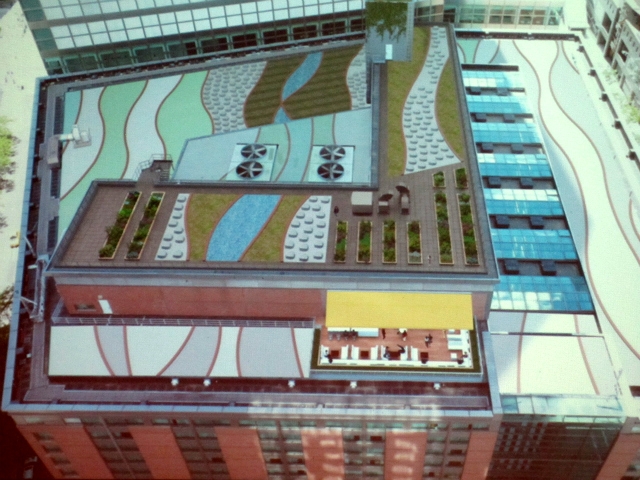 A rendering of the green roof that will top the 16-story hotel building.