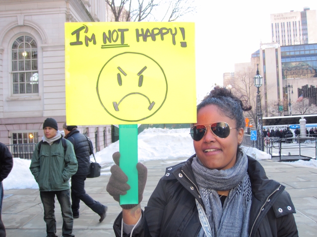 Jahaida Hernanzez, 26, who works for the supermarkets' union, was among the hundreds who protested on City Hall steps Feb. 3.