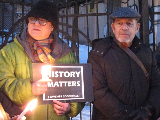 Author Pete Hamill (r.) and Bowery Poetry Club founder Bob Holman at the vigil.