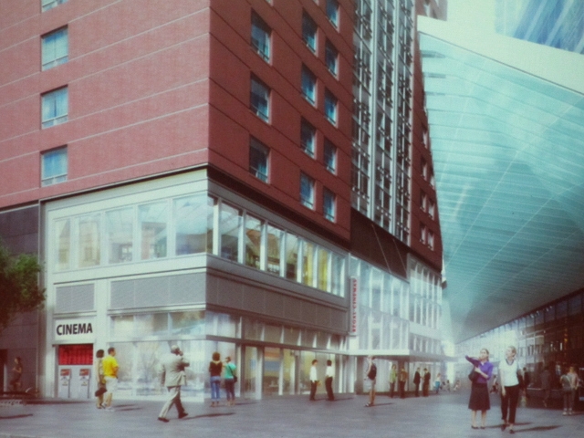A rendering of the southeast corner of the former Embassy Suites building.