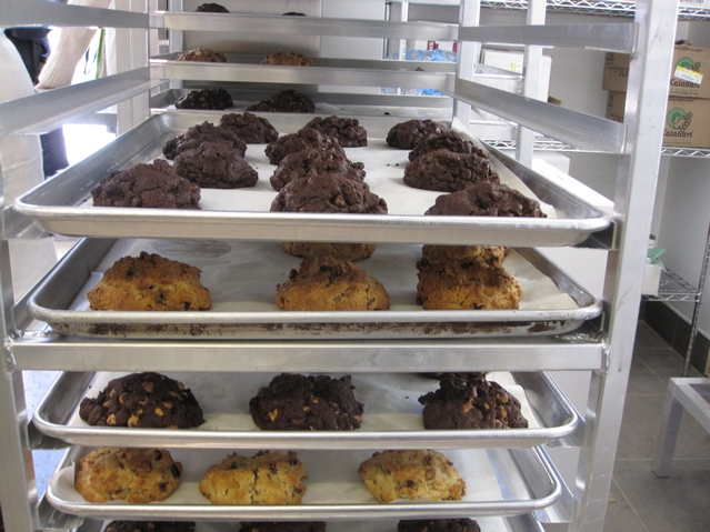 Racks of fresh-baked cookies.