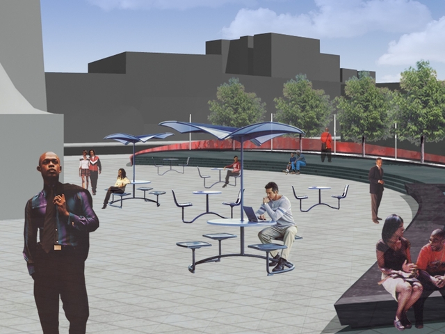 Street level rendering of the proposed plaza.