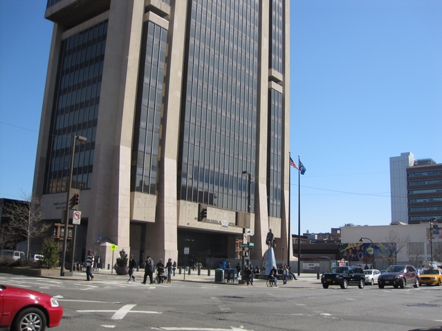 A statue of Adam Clayton Powell Jr. in the plaza of the state office building named after him.