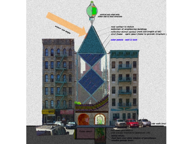 A preliminary rendering of the proposed project, showing the six-story steel structure containing solar panels and a windmill at the top.