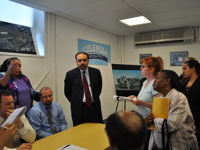 Columbia officials met with the Inwood community to discuss pre-construction issues at the Baker Field site in late April 2011.