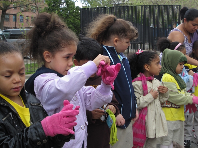 Kids from Harlem RBI's Dream Charter School put on gloves in preparation of flower-planting.
