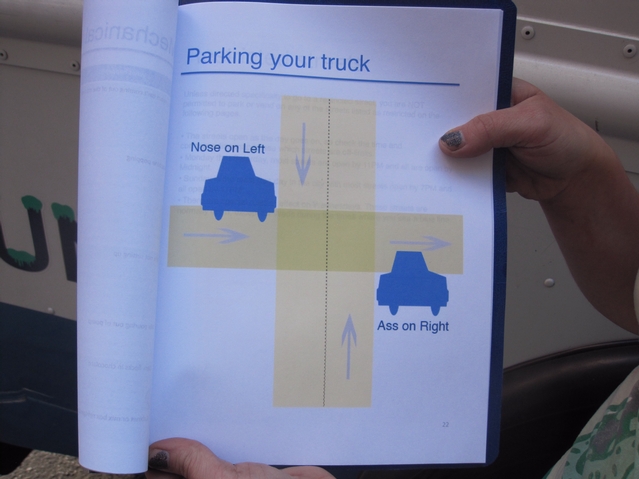 The book includes pages of advice for drivers, including the biggest challenge: how to find a spot