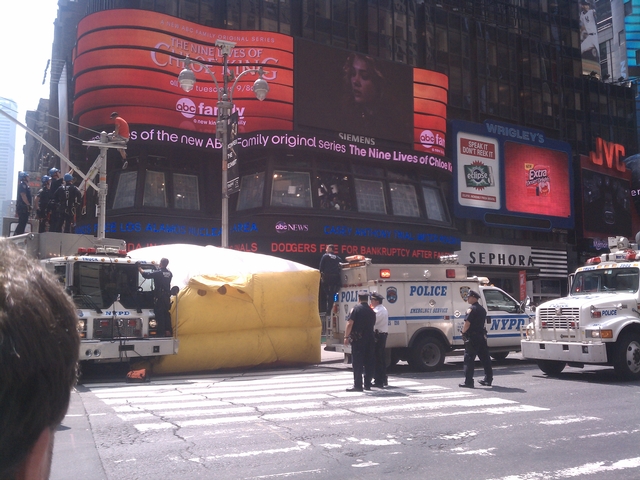 A man on a traffic light pole shut down Times Square on Tuesday.