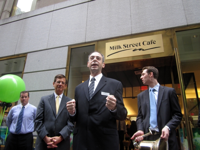 Milk Street Cafe owner Marc Epstein, center, with Deputy Mayor Stephen Goldsmith, left, at the opening ceremony Thursday morning.