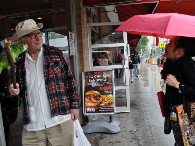 A passerby stopped to discuss Rauch's parrot.