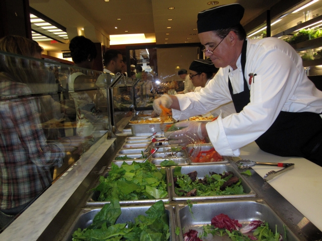 Milk Street Cafe has two salad bars, one that is vegetarian and one that has meat.
