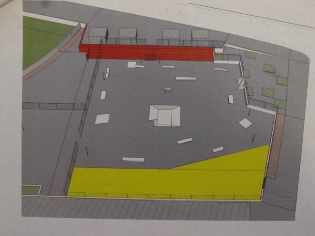 A rendering of the current skate park, with the area colored yellow representing a dog run that the park could expand into under a renovation plan.