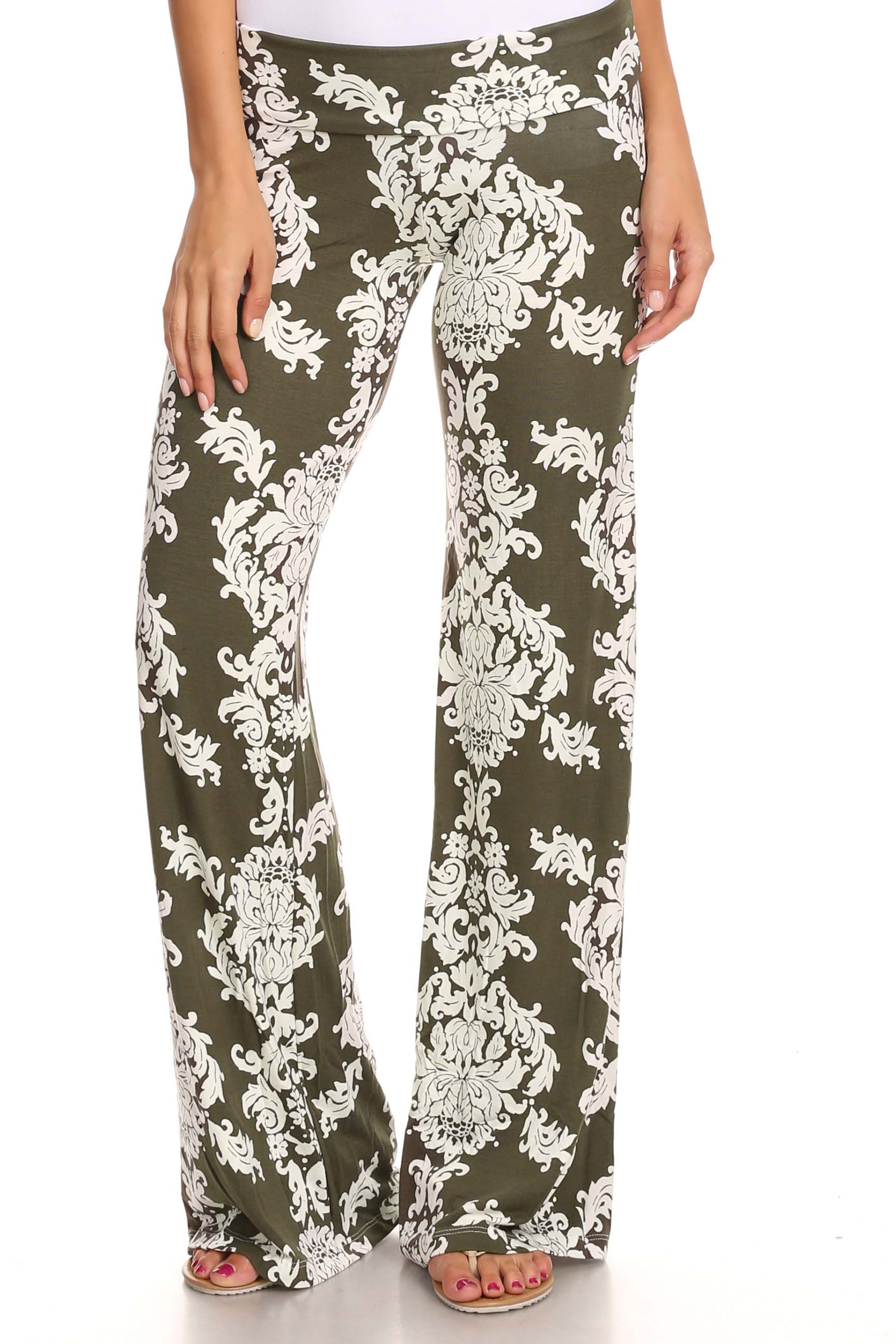Women's Damask Olive Printed Palazzo Pants Made in USA