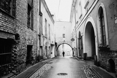 alley, street, historic, old, black, white, architecture, man, walking, buildings, brick