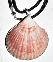Braided Leather Necklace with Large Shell Framed in Sterling Silver 